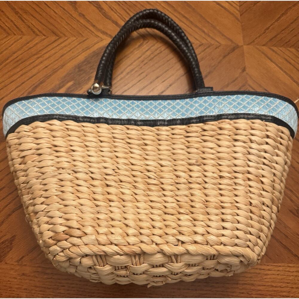 Straw Studios Woven Top Handle Bag with Braided Handle and Blue Trim